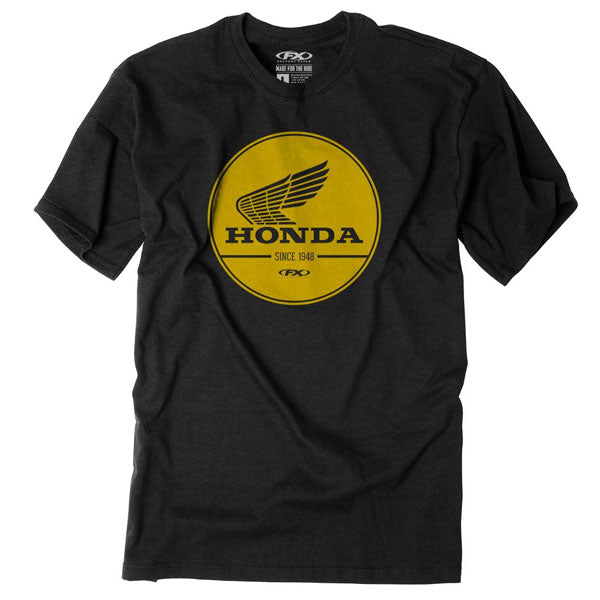 High-resolution studio image of Factory Effex Honda Gold Label T-shirt; showing tee fit, printed graphics, and crew neckline; SKU 23-873; Sizes: BLACK