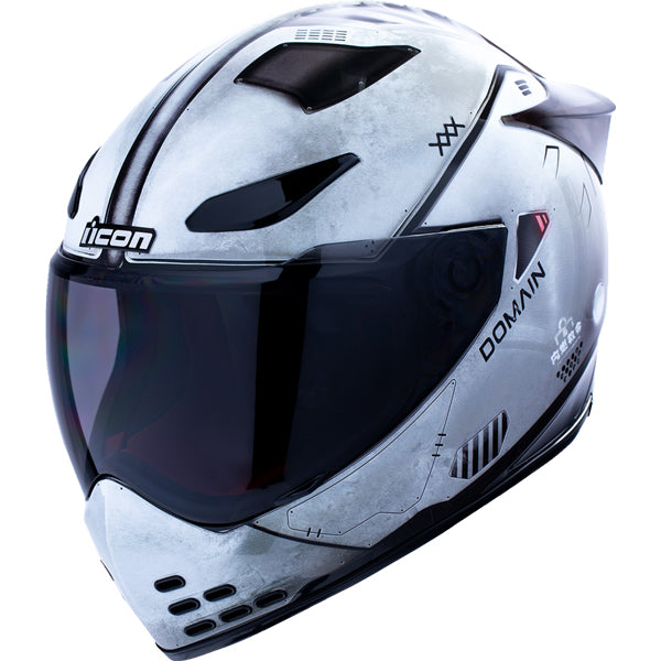 Clean studio shot of Icon - Domain Future Proof Helmet; showing helmet shell shape, vent layout, and exterior finish; SKU 0101172; Colors: Grey