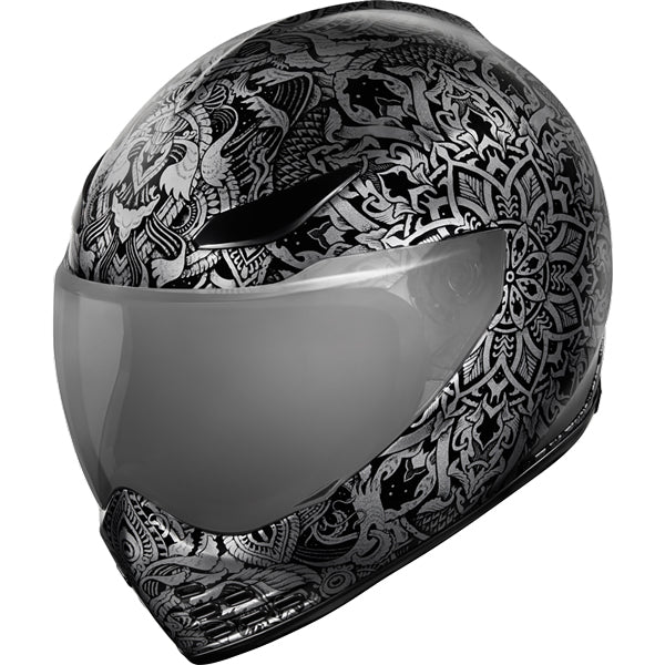 High-resolution studio image of Icon - Domain Gravitas Helmet; showing helmet shell shape, vent layout, and exterior finish; SKU 0101149; Colors: Black