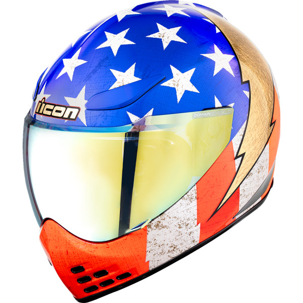 Clean studio shot of Icon - Domain Limited Edition Amerikarma Helmet; showing helmet shell shape, vent layout, and exterior finish; SKU 0101183