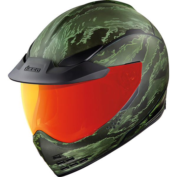 High-resolution studio image of Icon - Domain Tiger's Blood Helmet; showing helmet shell shape, vent layout, and exterior finish; SKU 0101149; Sizes: XS–XL