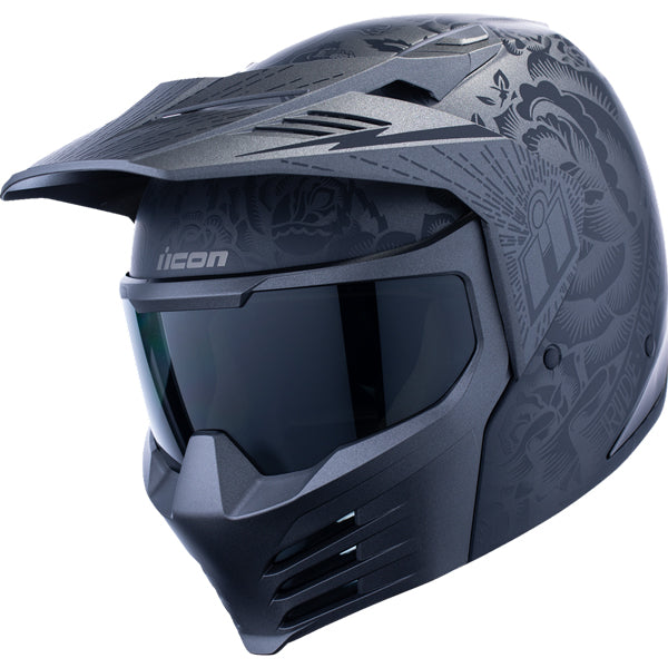 Clean studio shot of Icon - Elsinore Darkgard Helmet; showing helmet shell shape, vent layout, and exterior finish; SKU 0101183; Colors: Black