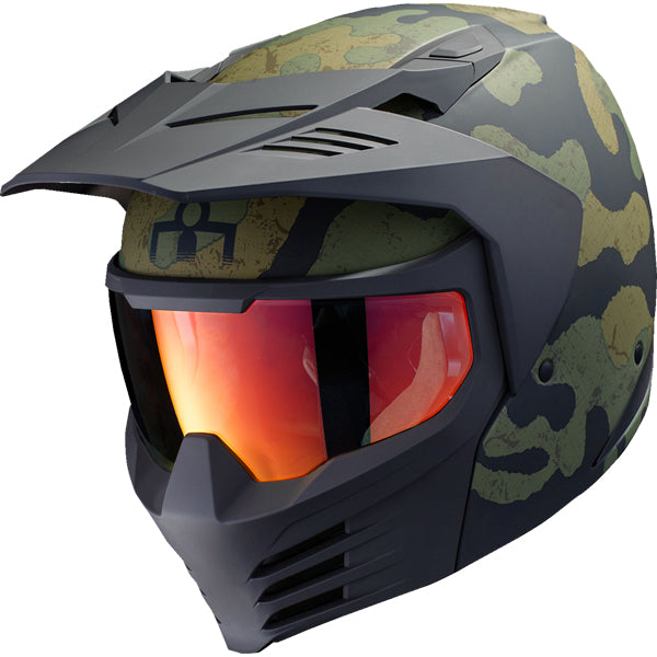 Clean studio shot of Icon - Elsinore Magnacross Helmet; showing helmet shell shape, vent layout, and exterior finish; SKU 01043285; Colors: Green, Tan