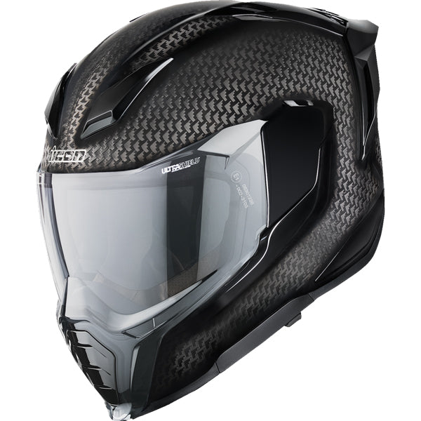 Clean studio shot of Icon - Ultraflite Carbon Helmet; showing helmet shell shape, vent layout, and exterior finish; SKU 0101185; Colors: Black