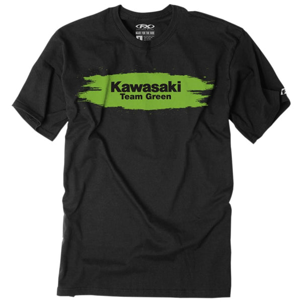 Crisp studio image on a white background of Factory Effex Kawasaki Team Green T-Shirt (Youth); showing tee fit, printed graphics, and crew neckline