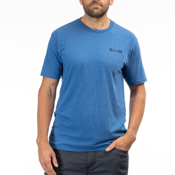 Clean studio shot of Klim Pinned Tri-Blend Tee; showing tee fit, printed graphics, and crew neckline; SKU 3693-000-120-222; Sizes: S-3XL