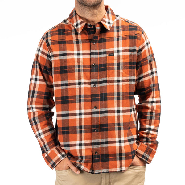 Studio photo on a white background of Klim; showing flannel shirt fit, button front, and plaid pattern; SKU 3632-000-120-408