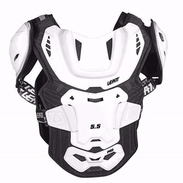 Leatt - 5.5 Pro Chest Protector parent SKU 50141011, font shot with shell shape, ventilation layout, and strap system, designed for off-road and motocross use. Colors: Black, White Sizes: Adult.