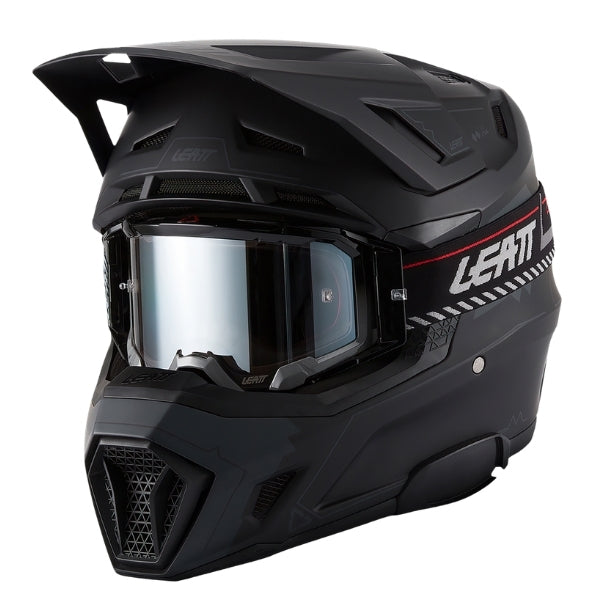 Leatt Moto 7.5 Cardo motocross helmet kit in Stealth Black, front-left angle showing the peak and chin guard with included goggles