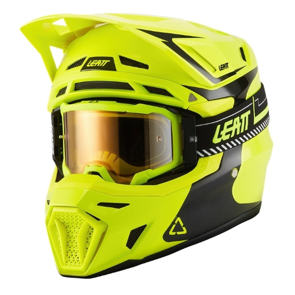 Leatt Moto 8.5 motocross helmet kit in Neon Yellow, front-left angle showing the peak and chin guard with included goggles