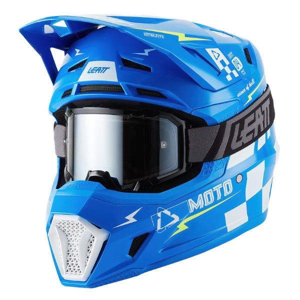 Leatt Moto 7.5 motocross helmet kit in Blue, front-left angle showing the peak and chin guard with included goggles