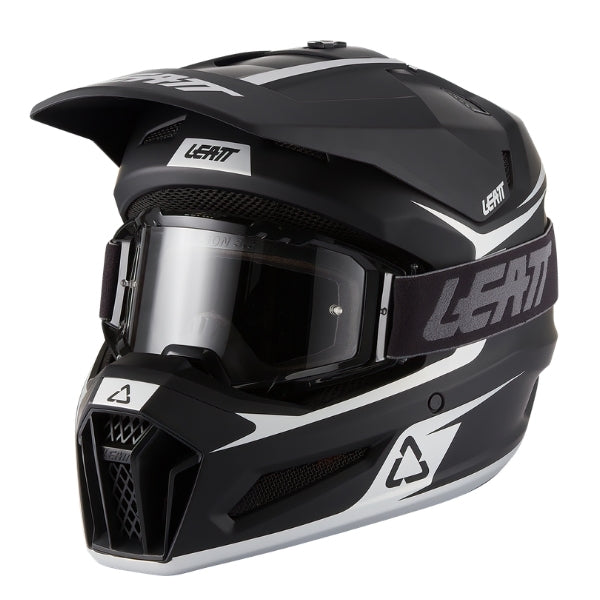 Leatt Moto 3.5 Youth motocross helmet kit in Black, front-left angle showing the peak, chin guard, and included goggles