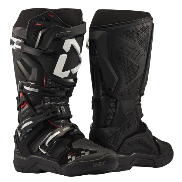 Leatt Moto 5.5 FlexLock Evo boots in Black, pair showing the outer and inner side construction