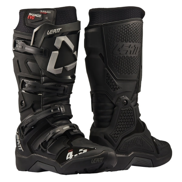 Leatt Moto 4.5 HydraDri Evo boots in Black, pair showing the outer and inner side construction