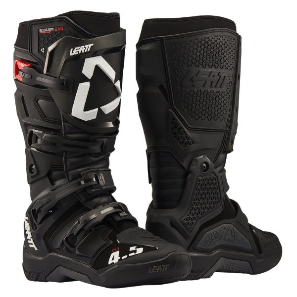 Leatt Moto 4.5 Evo boots in Black, pair showing the outer and inner side construction