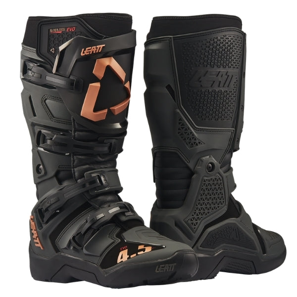 Leatt Moto 4.5 Enduro Evo boots in Graphene Black, pair showing the outer and inner side construction