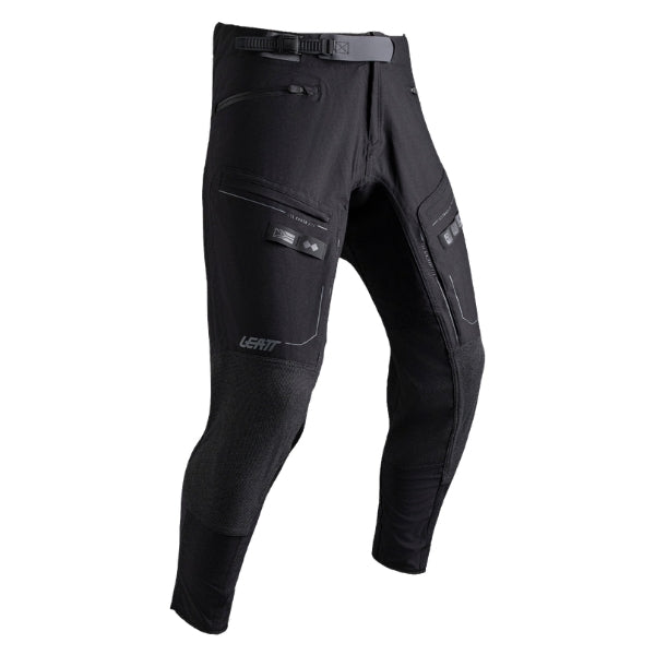 Leatt Moto 6.5 HydraDri Pants in Tactic Black, front view showing the waist, thigh, and knee panels