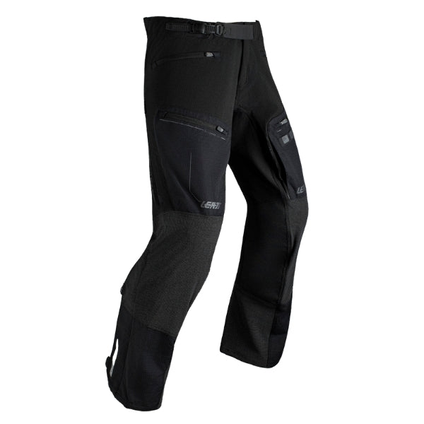 Leatt Moto 5.5 Enduro Pants in Black, front view showing the waist, thigh, and knee panels