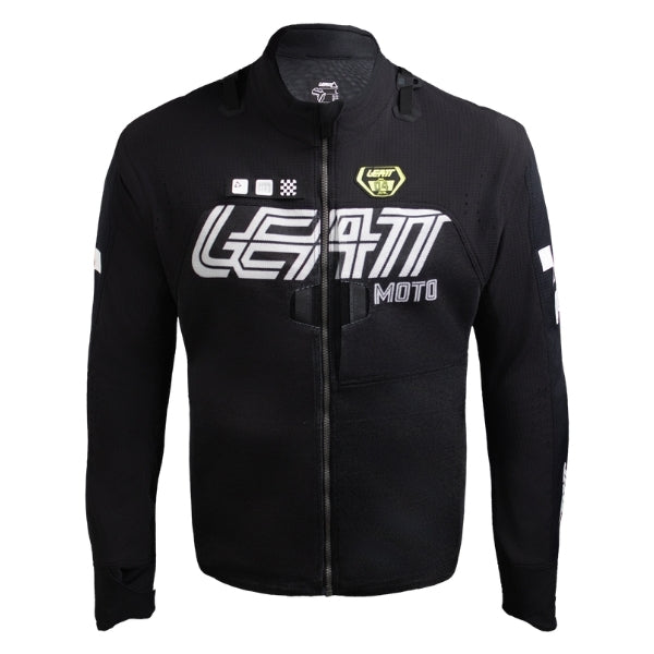 Leatt Moto 4.5 Enduro X-Flow Jacket in Speed Black, front view showing the collar, sleeves, pockets, and zipper