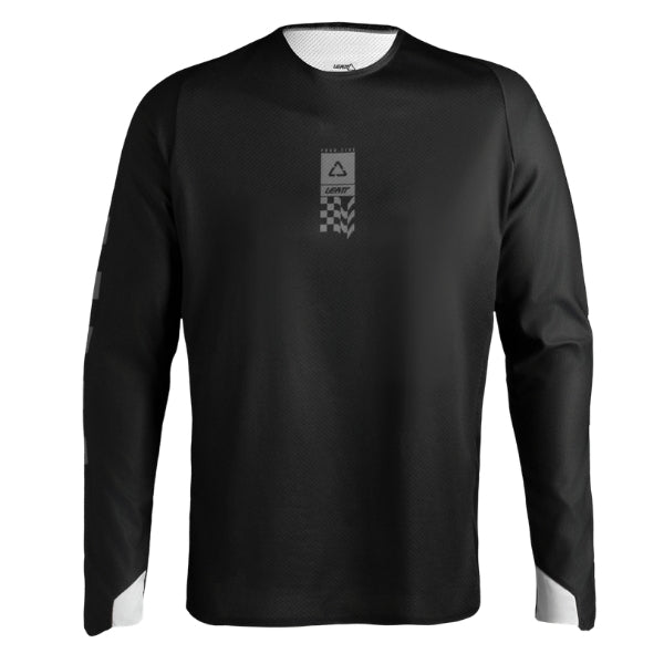 Leatt Moto 4.5 Enduro Jersey in Speed Black, front view showing the chest and sleeve graphics