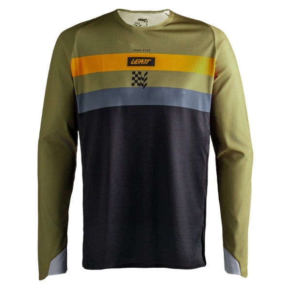 Leatt Moto 4.5 Enduro Jersey in Stripe Khaki Brown, front view showing the chest and sleeve graphics