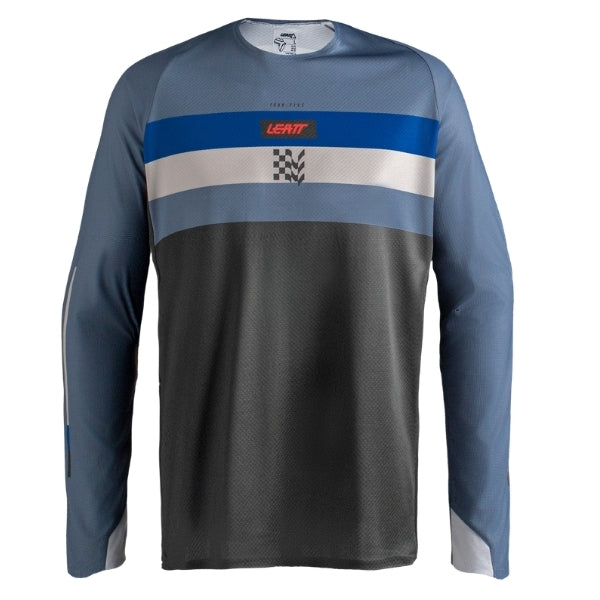 Leatt Moto 4.5 Enduro Jersey in Stripe Ocean Grey, front view showing the chest and sleeve graphics