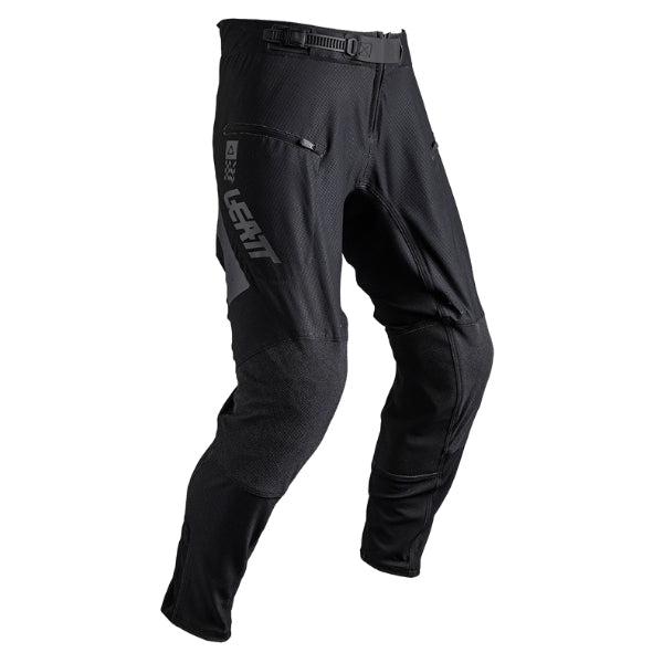 Leatt Moto 4.5 Enduro Pants in Speed Black, front view showing the waist, thigh, and knee panels
