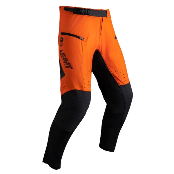 Leatt Moto 4.5 Enduro Pants in Speed Orange, front view showing the waist, thigh, and knee panels