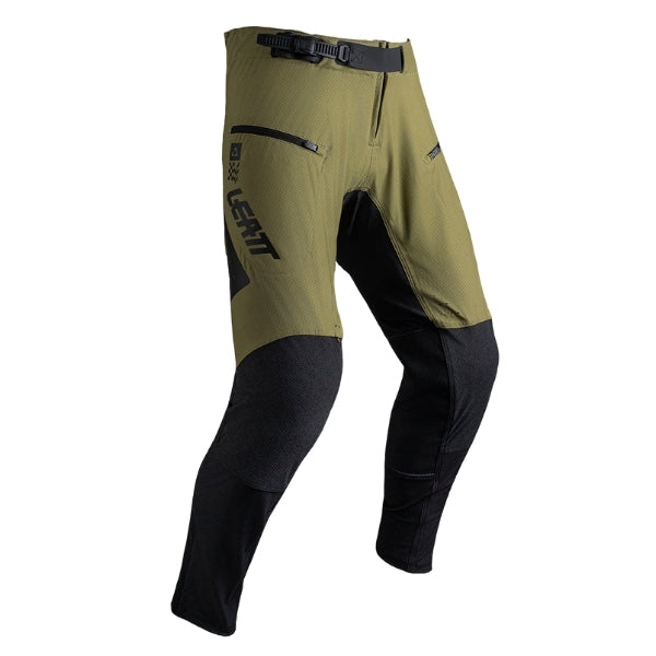 Leatt Moto 4.5 Enduro Pants in Khaki Brown, front view showing the waist, thigh, and knee panels