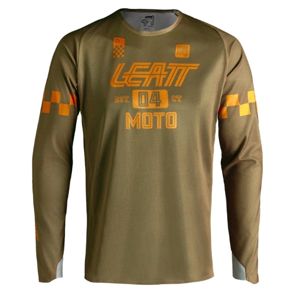 Leatt Moto 4.5 Enduro X-Flow Jersey in Khaki Brown, front view showing the chest and sleeve graphics