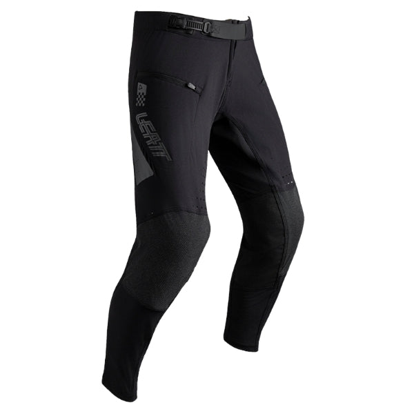 Leatt Moto 4.5 Enduro X-Flow Pants in Black, front view showing the waist, thigh, and knee panels