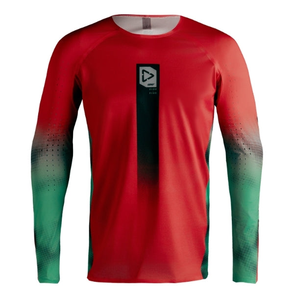 Leatt Moto 5.5 UltraWeld Jersey in Fade Red, front view showing the chest and sleeve graphics