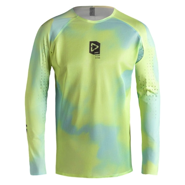 Leatt Moto 5.5 UltraWeld Jersey in Acid Yellow, front view showing the chest and sleeve graphics