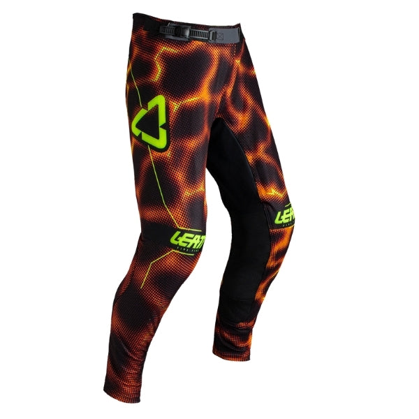 Leatt Moto 5.5 IKS Pants in Fire Orange, front view showing the waist, thigh, and knee panels