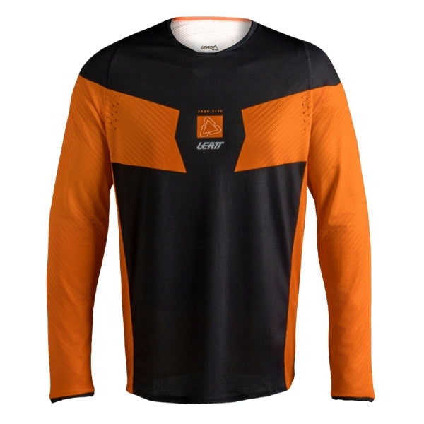 Leatt Moto 4.5 Lite Jersey in Hatchet Orange, front view showing the chest and sleeve graphics