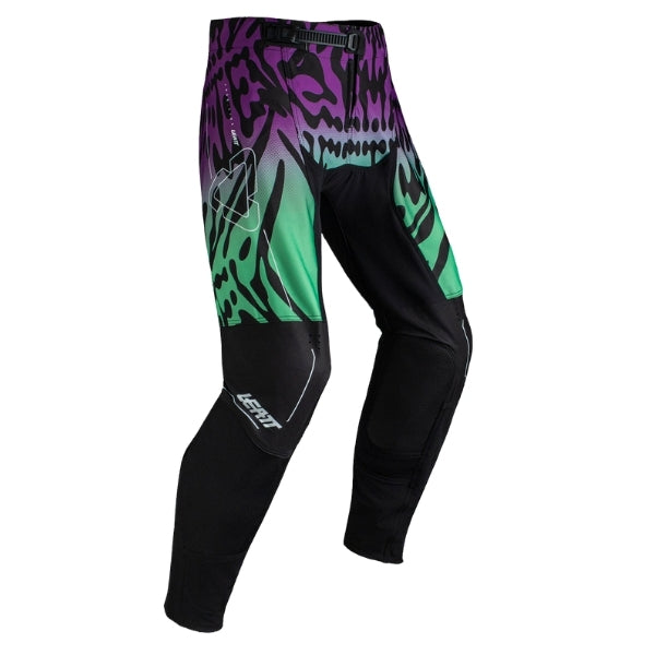 Leatt Moto 4.5 Pants in Leopard Purple, front view showing the waist, thigh, and knee panels