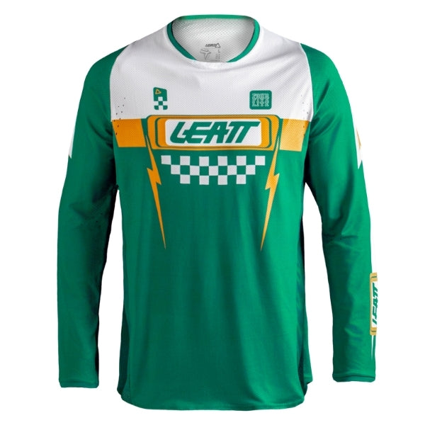 Leatt Moto 4.5 Lite Jersey in Speed Jade Green, front view showing the chest and sleeve graphics