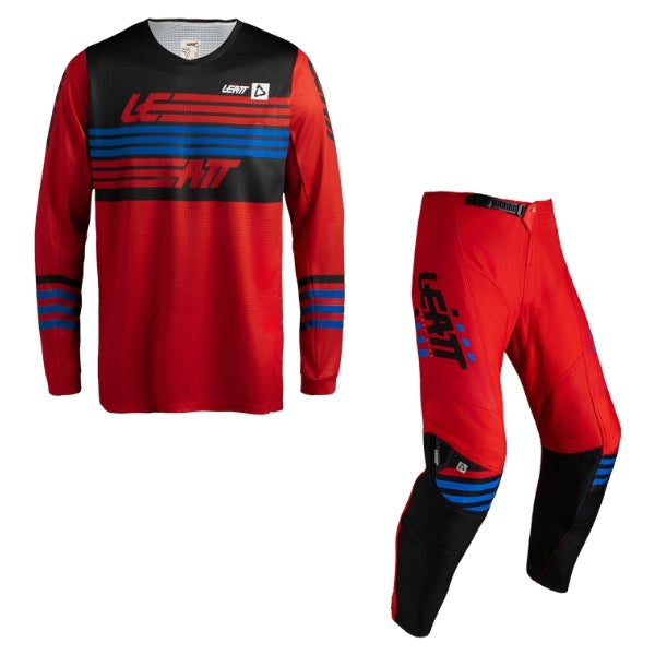 Leatt Moto 3.5 Ride jersey and pants combo in Stripes Red, jersey and pants shown together with coordinated graphics