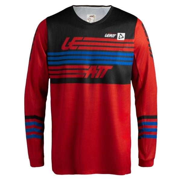 Leatt Moto 3.5 Jersey in Stripes Red, front view showing the chest and sleeve graphics