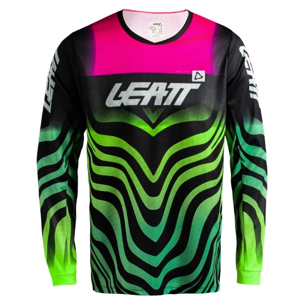 Leatt Moto 3.5 Jersey in Tiger Pink, front view showing the chest and sleeve graphics