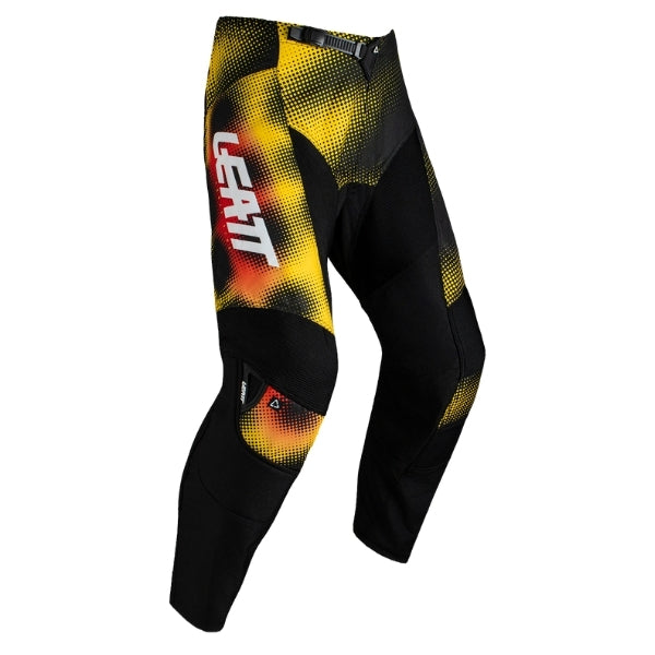 Leatt Moto 3.5 Pants in Leopard Yellow, front view showing the waist, thigh, and knee panels