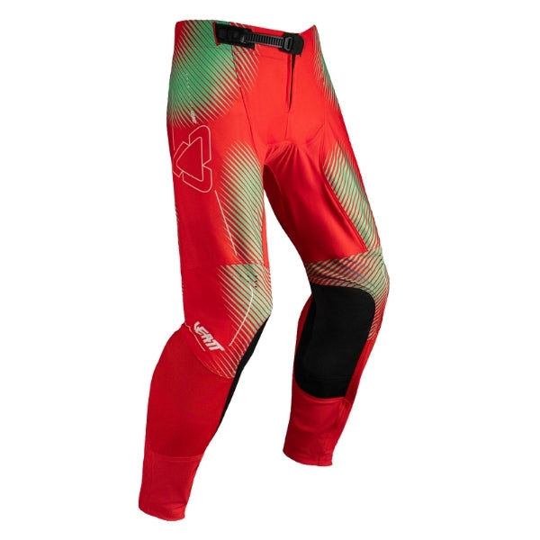 Leatt Moto 4.5 Youth pants in Hatched Red, front view showing the waist, thigh, and knee panels
