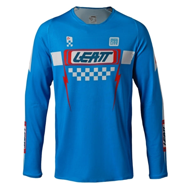 Leatt Moto 4.5 Youth jersey in Speed Blue, front view showing the chest and sleeve graphics