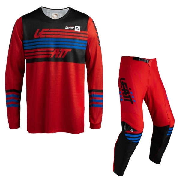 Leatt Moto 3.5 Youth jersey and pants combo in Stripes Red, jersey and pants displayed together with coordinated graphics