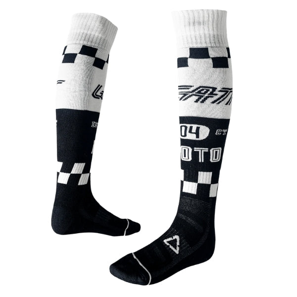 Leatt Moto socks in Speed Black, pair shown from front and side, displaying the knee-high construction and graphics
