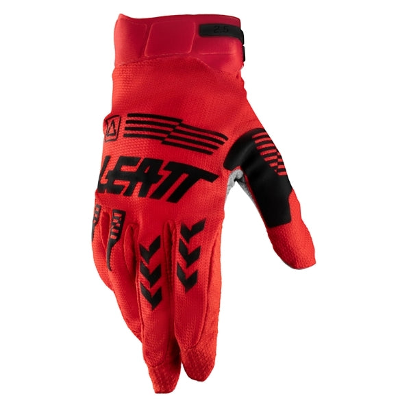 Leatt Moto 2.5 X-Flow Youth gloves in Red, back-of-hand side showing the logo and finger graphics