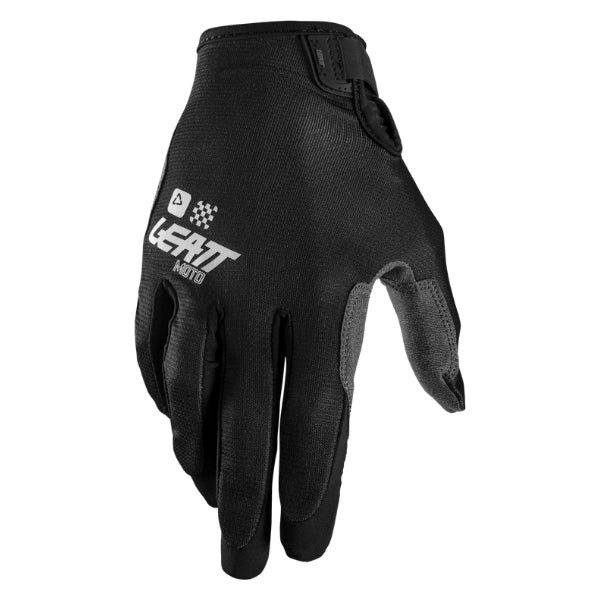 Leatt Moto 1.5 GripR Youth gloves in Black, back-of-hand side showing the logo and finger graphics