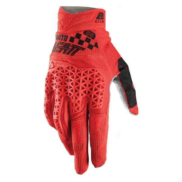 Leatt Moto 4.5 Lite Gloves in Speed Red, back-of-hand side showing the logo and finger graphics