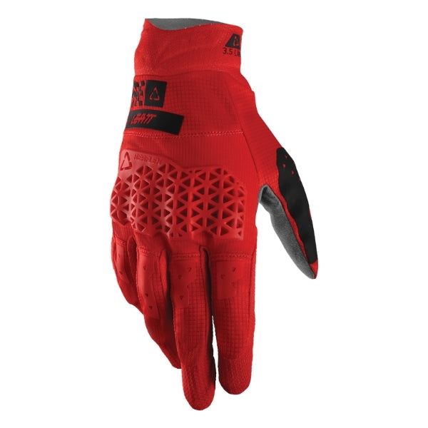 Leatt Moto 3.5 Lite Gloves in Speed Red, back-of-hand side showing the logo and finger graphics