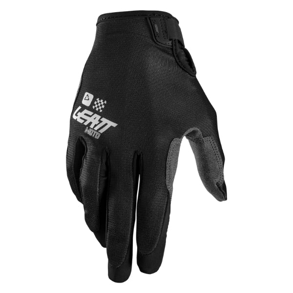 Leatt Moto 1.5 GripR gloves in Black, back-of-hand side showing the logo and finger graphics